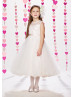 Ivory Lace Tulle Beaded Tea Length Wedding Flower Girl Dress